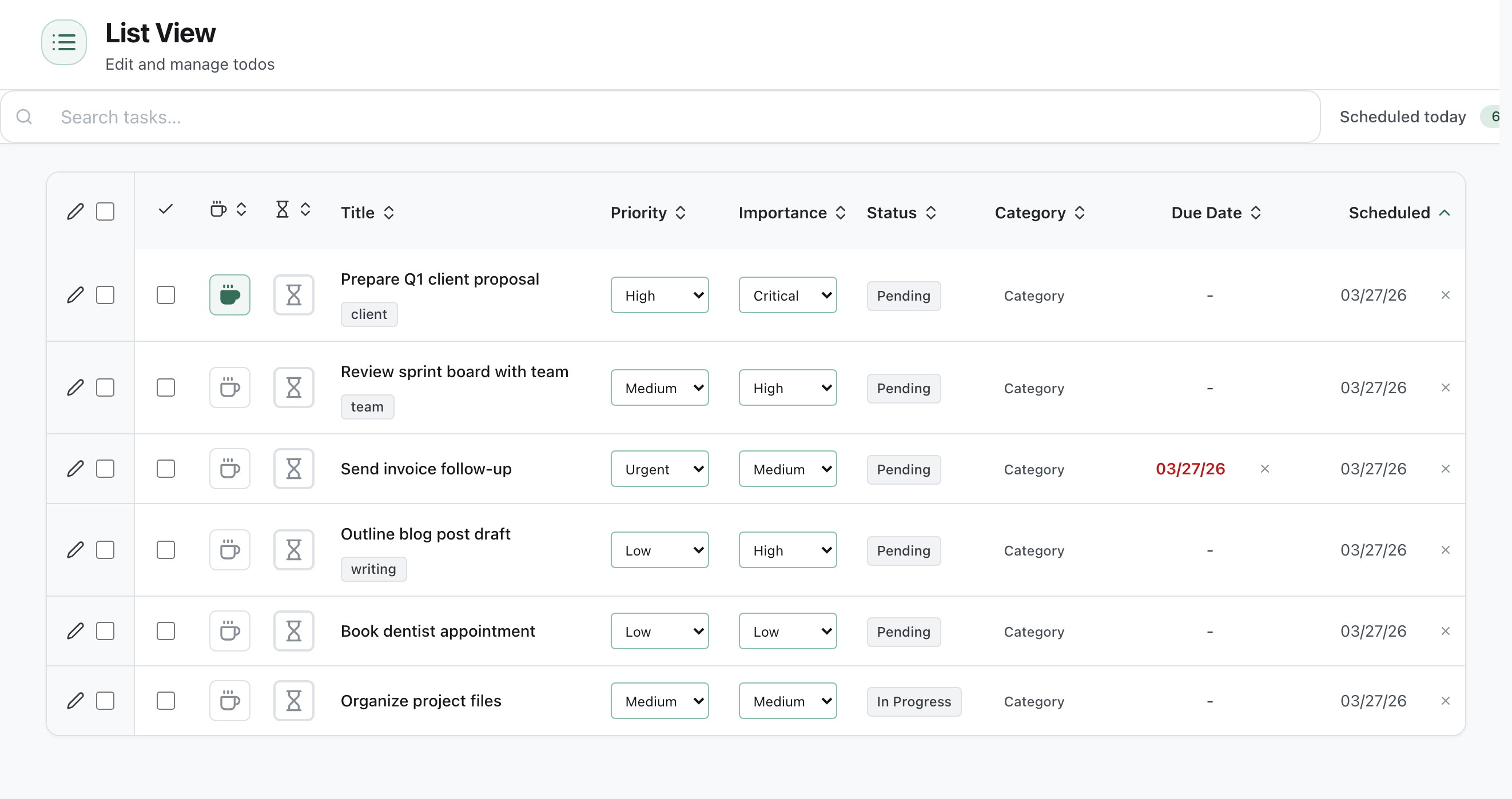Frog Breakfast list view — edit and manage today's tasks in a sortable table