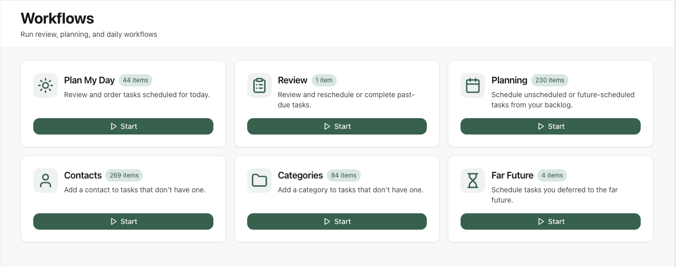 Workflows hub: Plan My Day, End of Day, and other guided routines